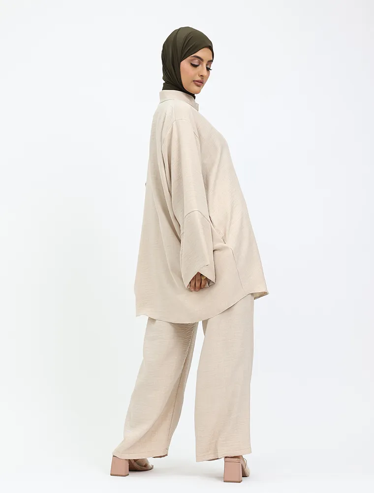 Beige Linen Feel Button Detail Co Ord Set